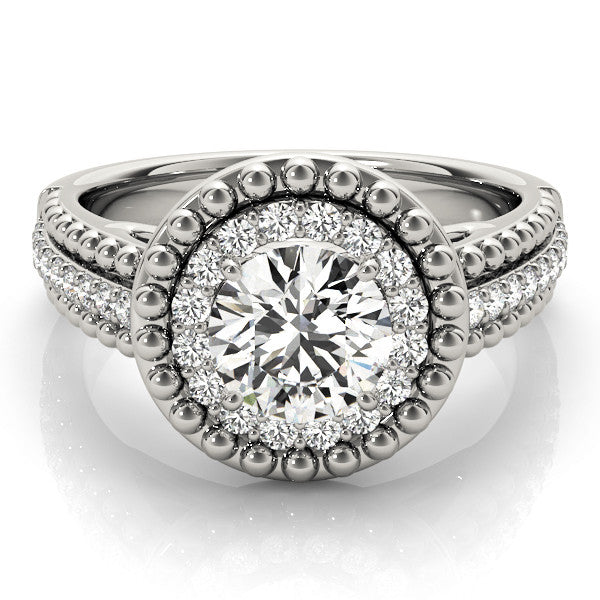 Silver Round Halo Diamond Ring with Beaded Split Shank and Four-Prong Setting