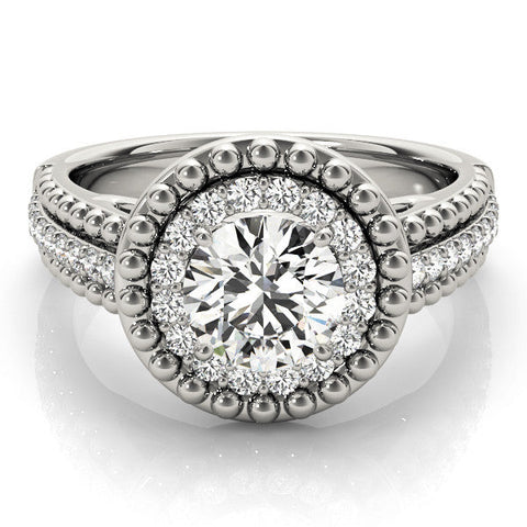 Silver Round Halo Diamond Ring with Beaded Split Shank and Four-Prong Setting
