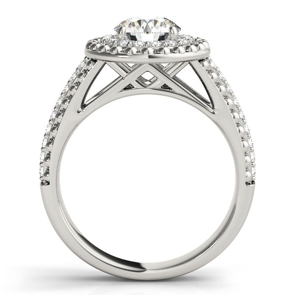 Silver Round Halo Diamond Ring with Beaded Split Shank and Four-Prong Setting