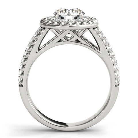 Silver Round Halo Diamond Ring with Beaded Split Shank and Four-Prong Setting