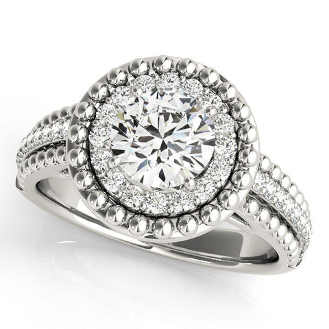 Silver Round Halo Diamond Ring with Beaded Split Shank and Four-Prong Setting