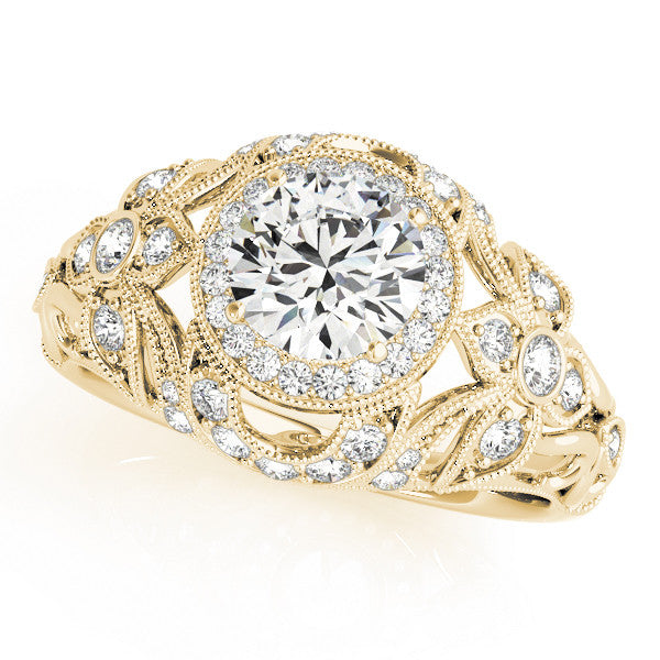 Yellow gold Round Halo Filigree Diamond Engagement Ring with Prong Setting