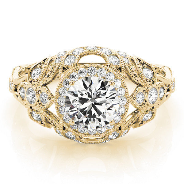 Yellow gold Round Halo Filigree Diamond Engagement Ring with Prong Setting
