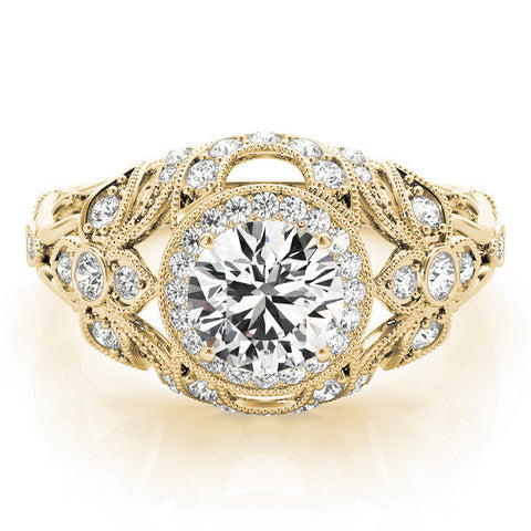 Yellow gold Round Halo Filigree Diamond Engagement Ring with Prong Setting