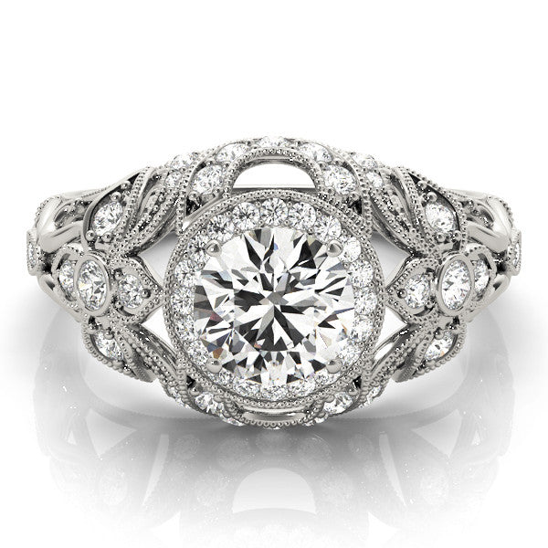 Silver Round Halo Filigree Diamond Engagement Ring with Prong Setting