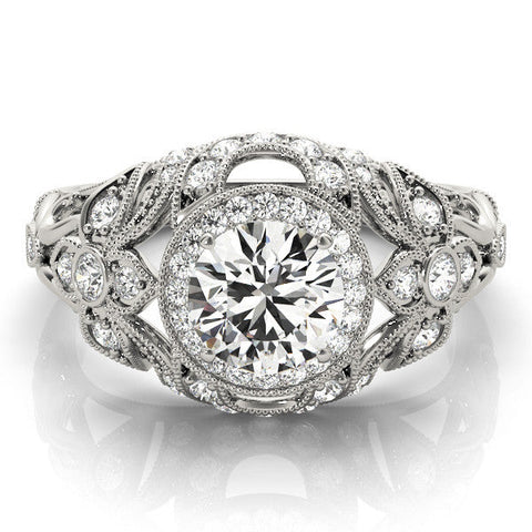 Silver Round Halo Filigree Diamond Engagement Ring with Prong Setting