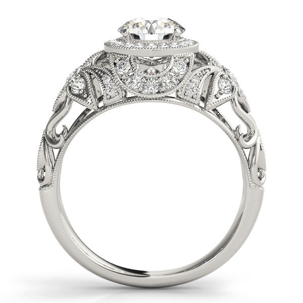 Silver Round Halo Filigree Diamond Engagement Ring with Prong Setting