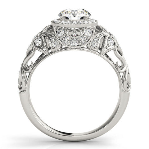 Silver Round Halo Filigree Diamond Engagement Ring with Prong Setting
