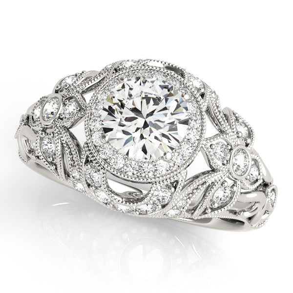 Silver Round Halo Filigree Diamond Engagement Ring with Prong Setting