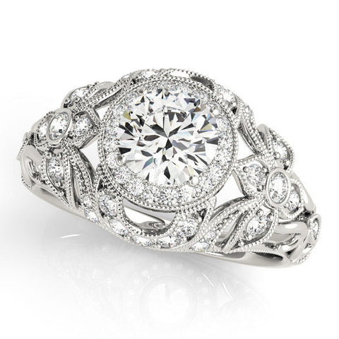 Silver Round Halo Filigree Diamond Engagement Ring with Prong Setting