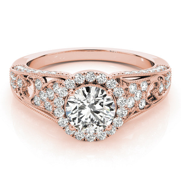 Rose gold Round Halo Diamond Vintage Split Shank Ring with Milgrain Edge