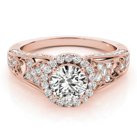 Rose gold Round Halo Diamond Vintage Split Shank Ring with Milgrain Edge