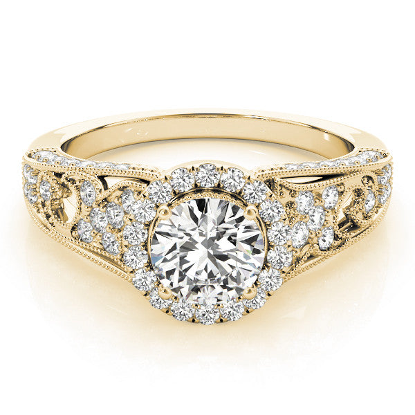 Yellow gold Round Halo Diamond Vintage Split Shank Ring with Milgrain Edge