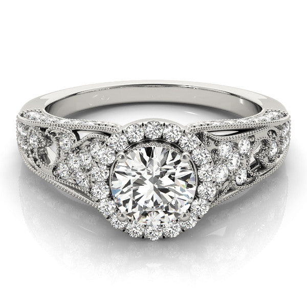 White gold Round Halo Diamond Vintage Split Shank Ring with Milgrain Edge