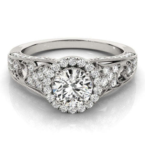 White gold Round Halo Diamond Vintage Split Shank Ring with Milgrain Edge
