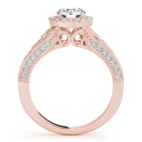 Rose gold Round Halo Diamond Vintage Split Shank Ring with Milgrain Edge