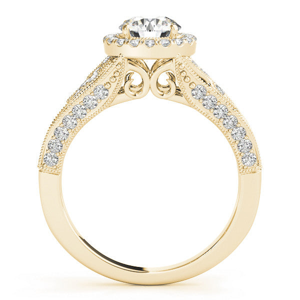Yellow gold Round Halo Diamond Vintage Split Shank Ring with Milgrain Edge