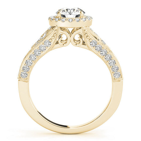Yellow gold Round Halo Diamond Vintage Split Shank Ring with Milgrain Edge