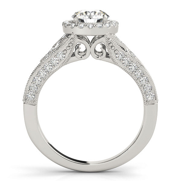 White gold Round Halo Diamond Vintage Split Shank Ring with Milgrain Edge