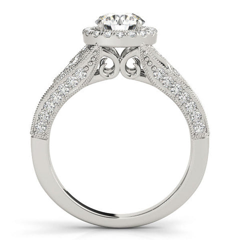 White gold Round Halo Diamond Vintage Split Shank Ring with Milgrain Edge
