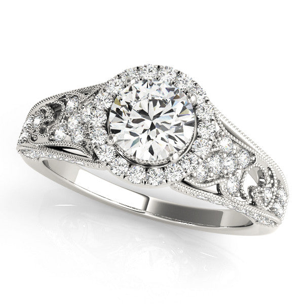 White gold Round Halo Diamond Vintage Split Shank Ring with Milgrain Edge