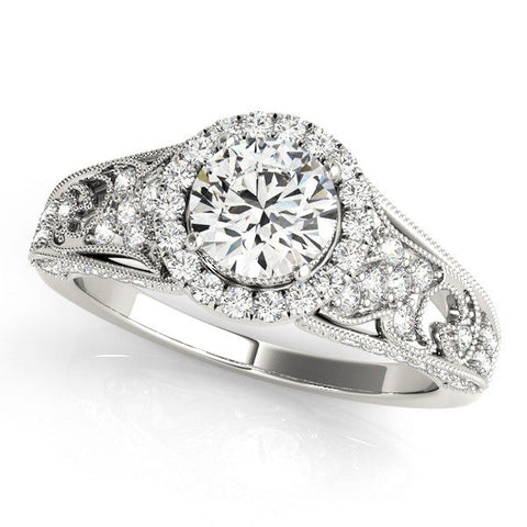 White gold Round Halo Diamond Vintage Split Shank Ring with Milgrain Edge