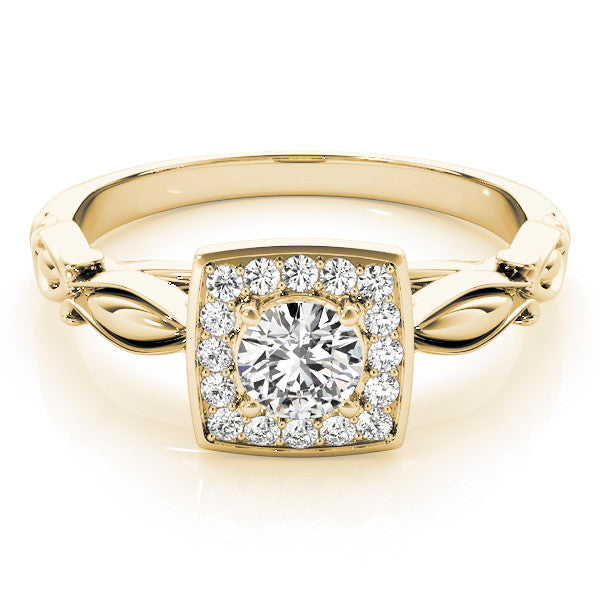 Yellow gold Round Halo Diamond Engagement Ring with Square Setting and Infinity Band