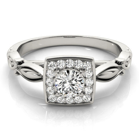 Silver Round Halo Diamond Engagement Ring with Square Setting and Infinity Band