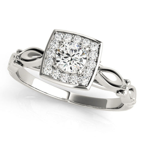 Silver Round Halo Diamond Engagement Ring with Square Setting and Infinity Band