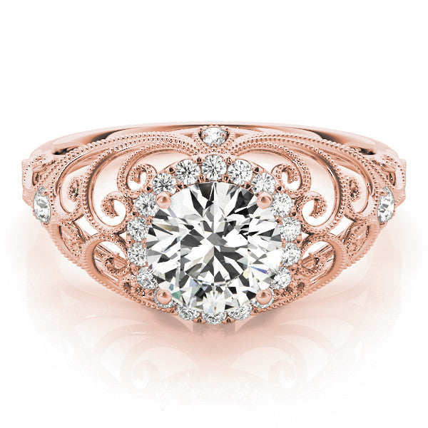 Rose gold Round Halo Filigree Solitaire Diamond Ring with Milgrain Detailing