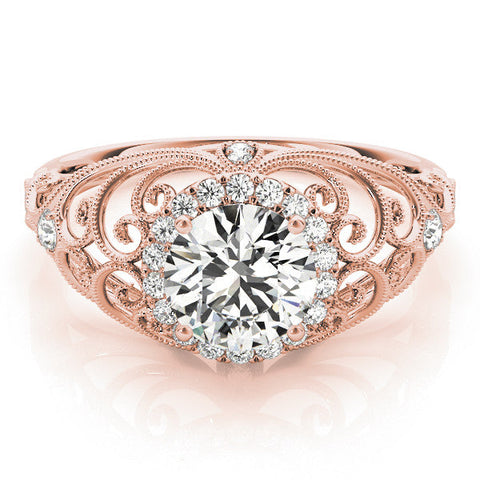 Rose gold Round Halo Filigree Solitaire Diamond Ring with Milgrain Detailing