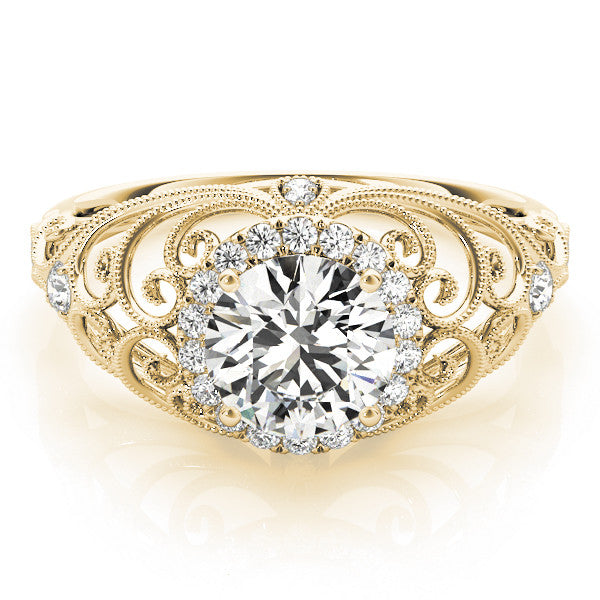 Yellow gold Round Halo Filigree Solitaire Diamond Ring with Milgrain Detailing
