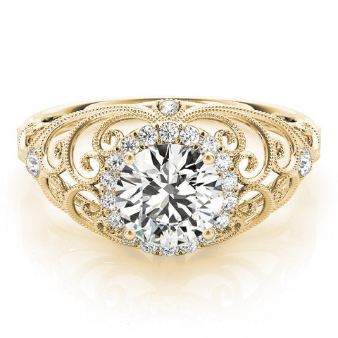 Yellow gold Round Halo Filigree Solitaire Diamond Ring with Milgrain Detailing