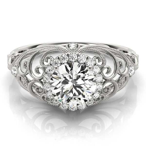 White gold Round Halo Filigree Solitaire Diamond Ring with Milgrain Detailing