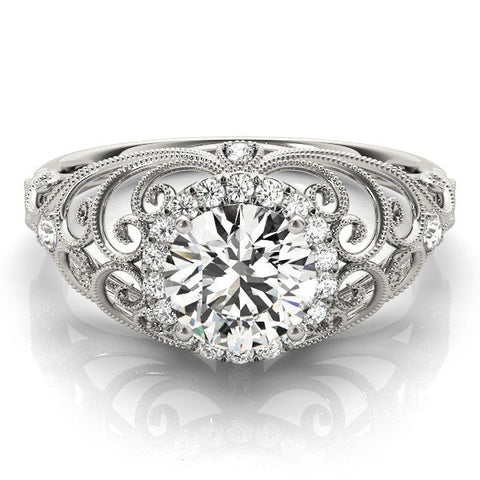 White gold Round Halo Filigree Solitaire Diamond Ring with Milgrain Detailing