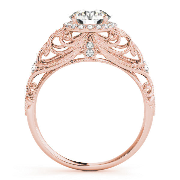 Rose gold Round Halo Filigree Solitaire Diamond Ring with Milgrain Detailing