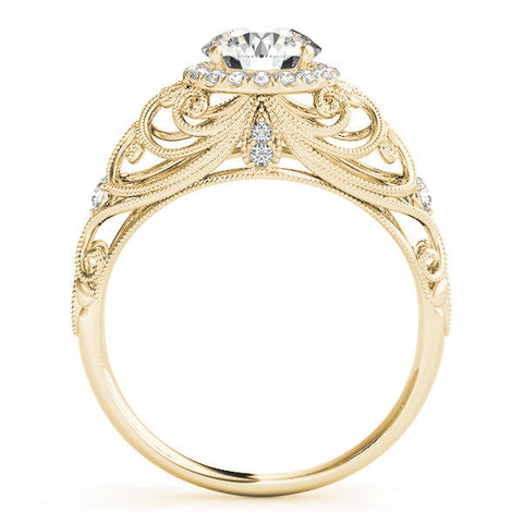 Yellow gold Round Halo Filigree Solitaire Diamond Ring with Milgrain Detailing