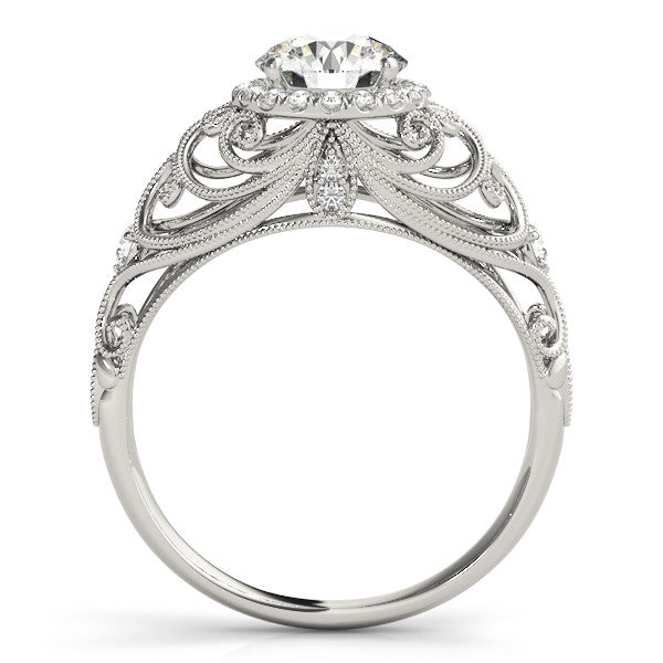 Silver Round Halo Filigree Solitaire Diamond Ring with Milgrain Detailing
