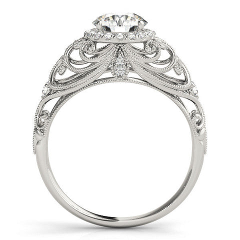 Silver Round Halo Filigree Solitaire Diamond Ring with Milgrain Detailing