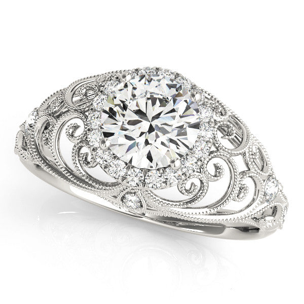 Silver Round Halo Filigree Solitaire Diamond Ring with Milgrain Detailing