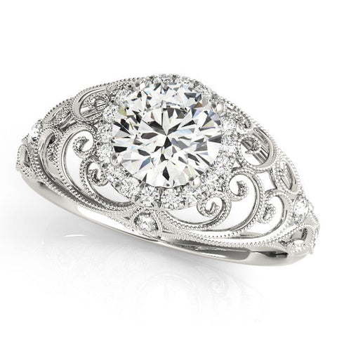 Silver Round Halo Filigree Solitaire Diamond Ring with Milgrain Detailing