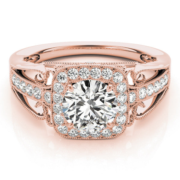 Rose gold Cushion Halo Round Diamond Split Shank Milgrain Ring