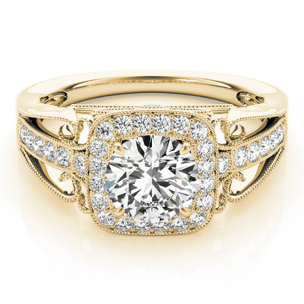 Yellow gold Cushion Halo Round Diamond Split Shank Milgrain Ring