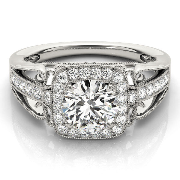 Silver Cushion Halo Round Diamond Split Shank Milgrain Ring