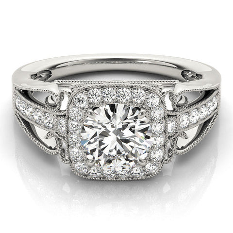 Silver Cushion Halo Round Diamond Split Shank Milgrain Ring