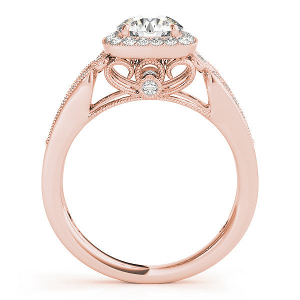 Rose gold Cushion Halo Round Diamond Split Shank Milgrain Ring