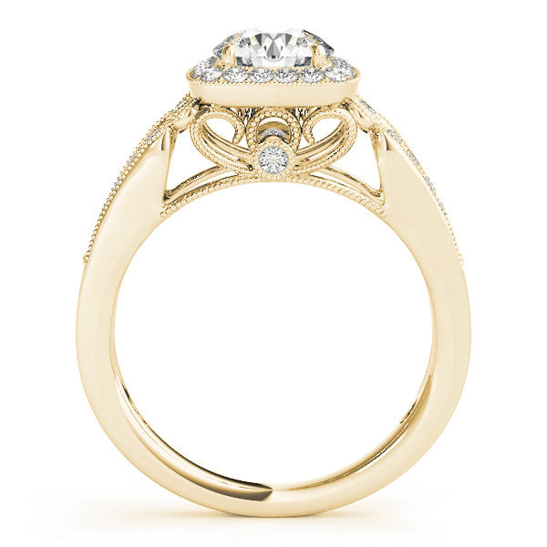 Yellow gold Cushion Halo Round Diamond Split Shank Milgrain Ring