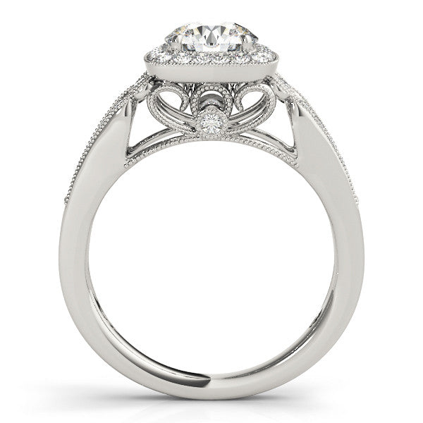 Silver Cushion Halo Round Diamond Split Shank Milgrain Ring