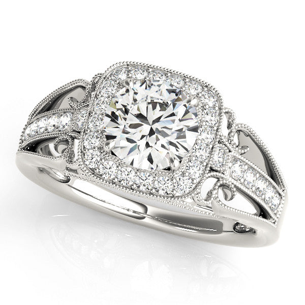 Silver Cushion Halo Round Diamond Split Shank Milgrain Ring