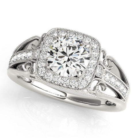 Silver Cushion Halo Round Diamond Split Shank Milgrain Ring
